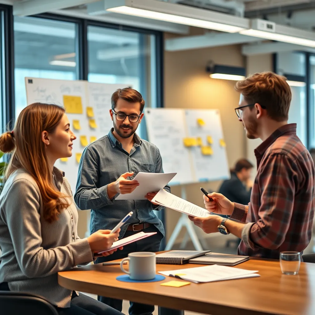 Entrepreneurs interviewing users at a modern co-working space, taking notes and discussing their impressions. Include elements such as whiteboards, sticky notes, and feedback forms to convey a focus on improvement.