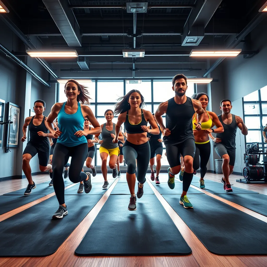 Generate a dynamic and photorealistic image of a diverse group performing a high-intensity interval training (HIIT) session inside a modern, well-lit gym. The composition includes several individuals mid-movement, captured in a seamless motion blur that conveys energy and intensity. The lighting is bright and focused, with natural light pouring in from large windows and overhead LED lights. The color palette features activewear in bold, contrasting colors such as electric blue, neon yellow, and jet black. The camera angle is at ground level, capturing the participants' determination and effort from a slightly upward perspective. Surface textures like the rubberized gym mats, sweat on faces, and detailed athletic wear should be meticulously rendered. Environmental elements include wall mirrors, gym equipment, and motivational posters. The style should replicate the crisp, action-focused photography seen in sports magazines. Technical specifications include 8K resolution, hyperrealistic action shots, and ultra-detailed rendering.