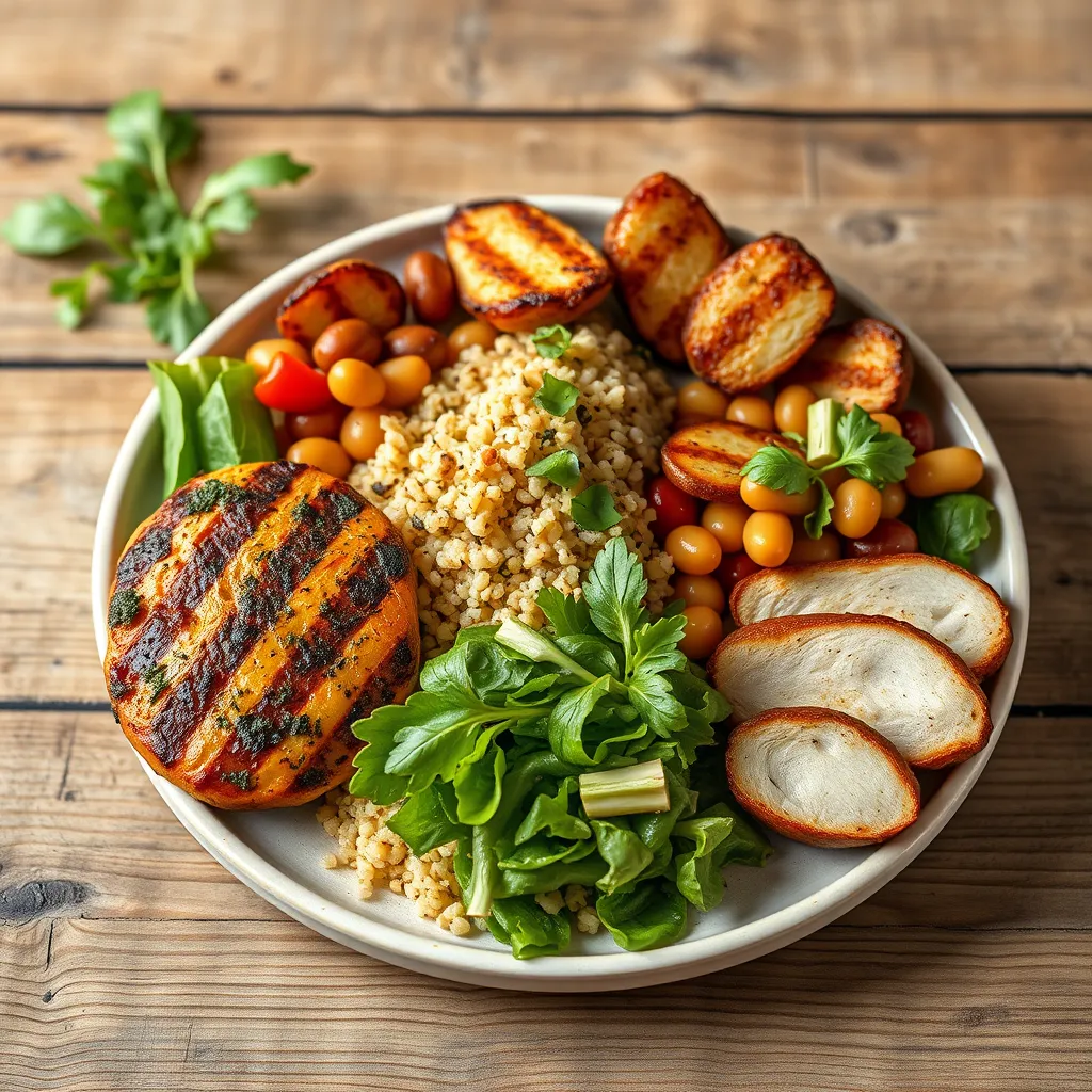 High-quality, photorealistic image of a nutritious meal featuring a variety of protein-rich foods such as grilled chicken, quinoa, beans, and a side of mixed green salad, all beautifully presented on a rustic wooden table.