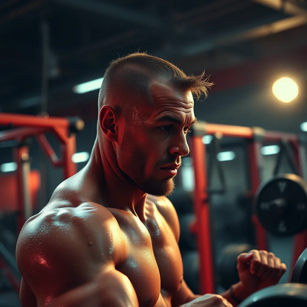 High-quality, photorealistic image of a person performing a high-intensity workout in a gym. The person is in mid-motion, sweating and focused, with vibrant gym equipment and dim, dramatic lighting in the background.