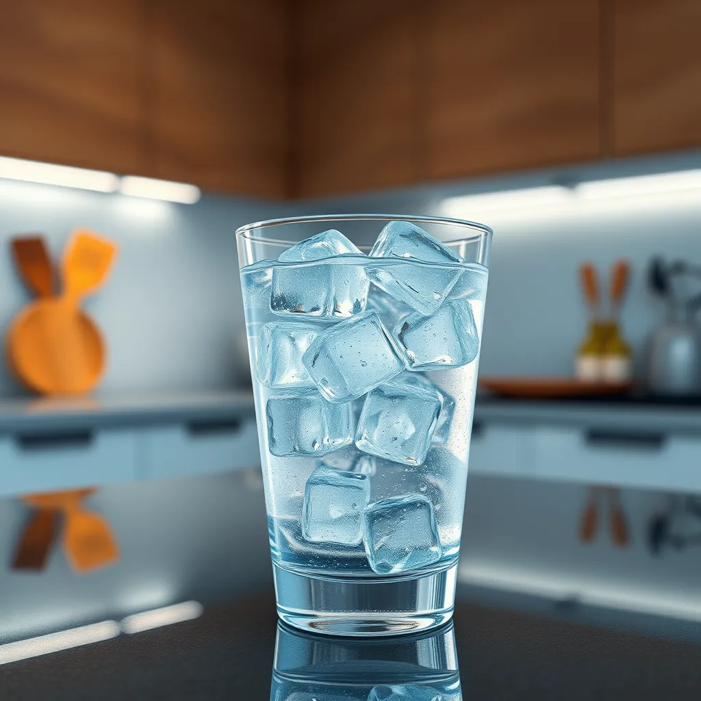 Photorealistic image of a clear glass filled with ice-cold water and ice cubes, with droplets of condensation on the glass, placed on a modern kitchen countertop with a subtle background of kitchen utensils.