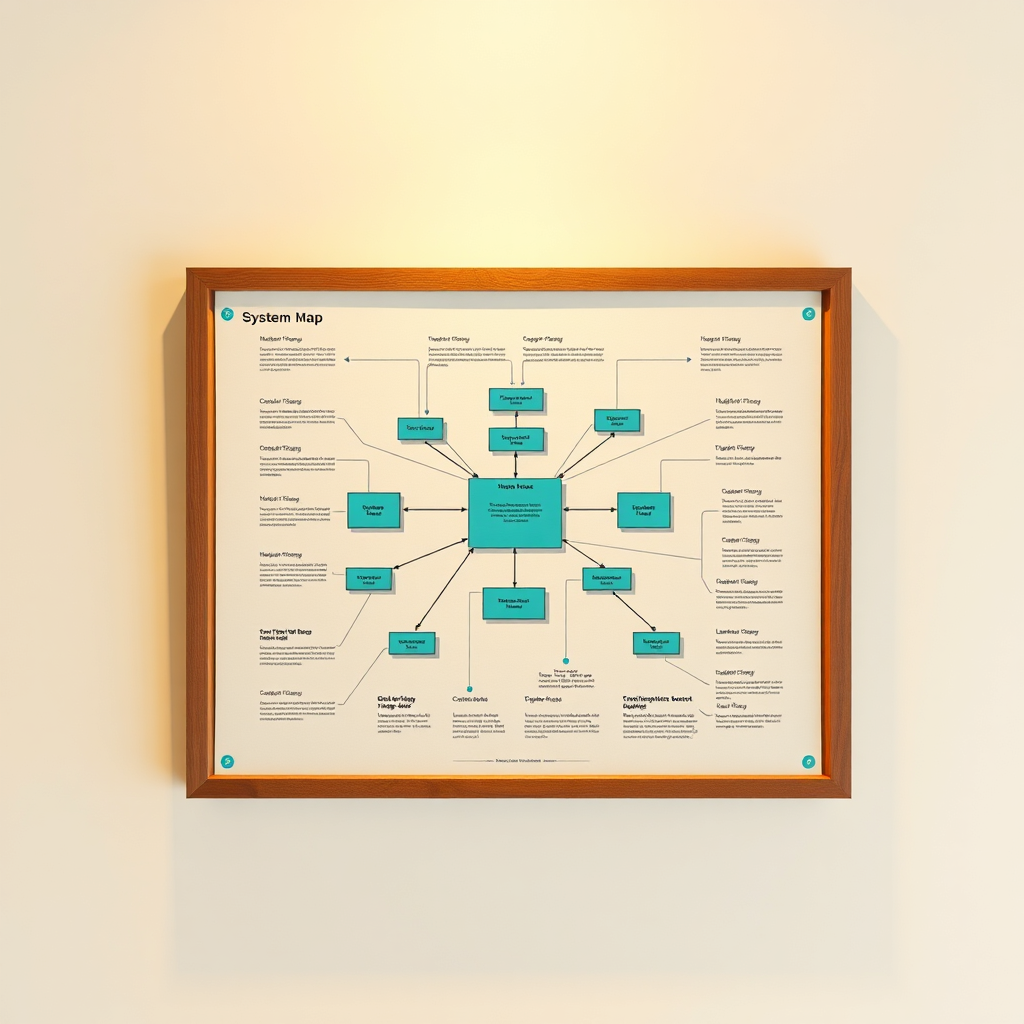 Infographic frame showing system map with grouped modules, clean editorial typography and subtle accents