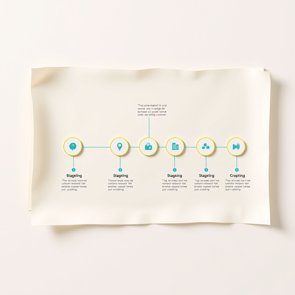 Infographic frame showing stage-based process with clear labeling and connectors, warm off-white surface and ink lines with cyan/lime accents