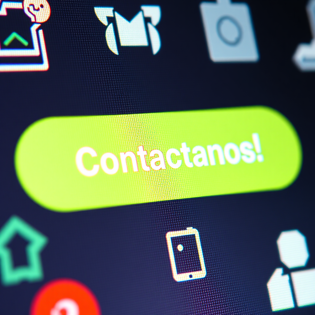 Un primer plano de un botón de llamada a la acción en un sitio web, diseñado para destacarse, mostrando un texto como '¡Contáctanos!' en un color brillante y atractivo, rodeado de elementos digitales atractivos.