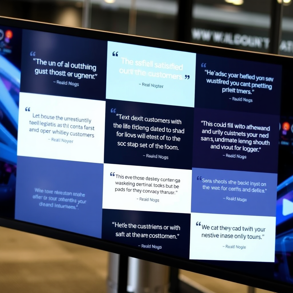 Un collage de citas reales de clientes satisfechos, mostrado en una pantalla digital. El fondo debe tener elementos de un entorno digital próspero, que simbolice crecimiento y confianza.