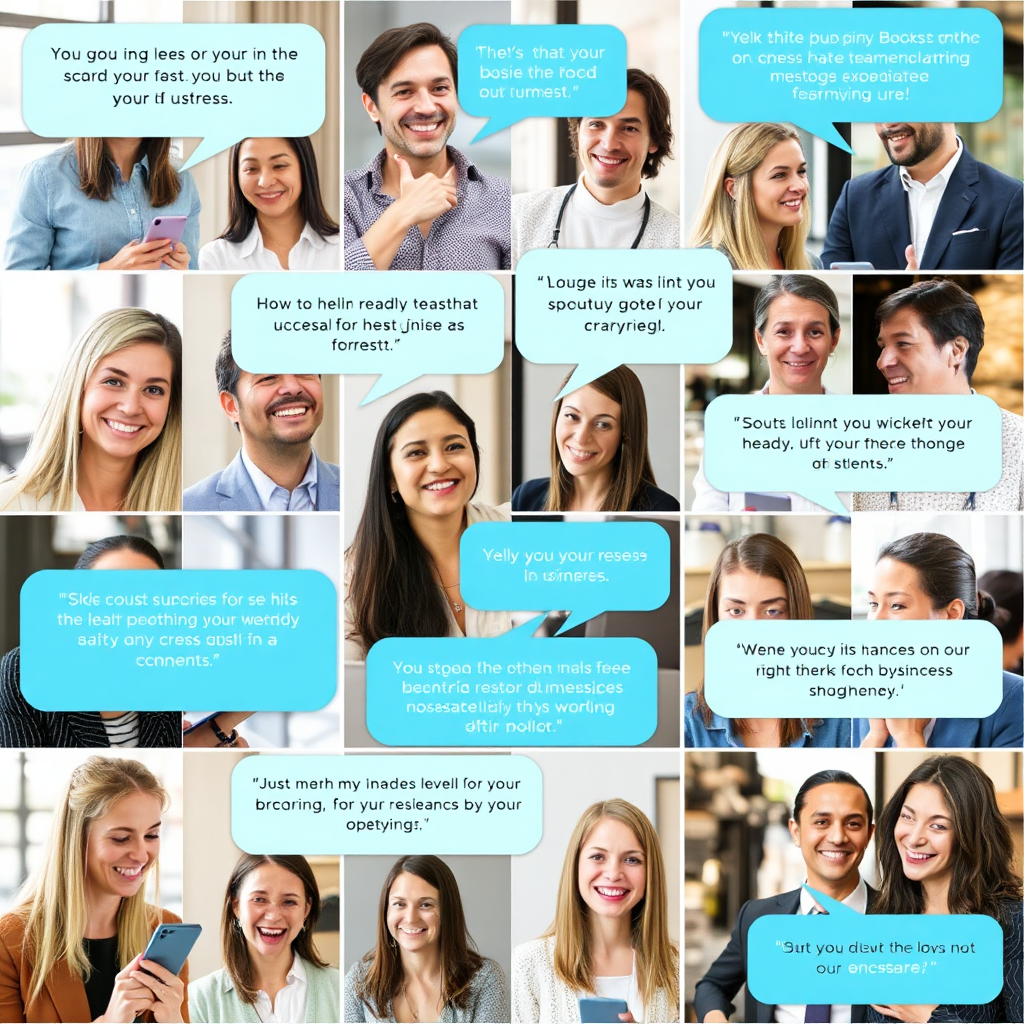 Un collage de caras de clientes sonrientes, interactuando con sus productos comerciales exitosos, rodeado de citas de comentarios positivos mostrados en burbujas de diálogo, que transmiten satisfacción.