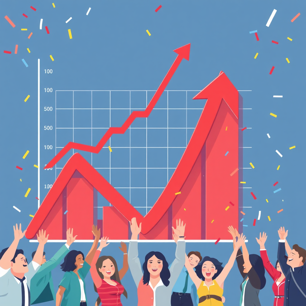 Una atractiva imagen de gráficos de ventas que muestran un rápido crecimiento y márgenes de ganancia, junto con elementos de celebración como confeti y celebraciones en equipo, que muestran el éxito.