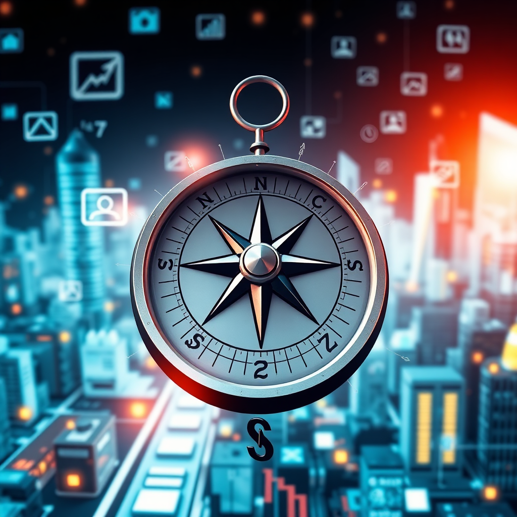 Una imagen conceptual de una brújula con motivos digitales, que indica la dirección en un panorama empresarial lleno de interfaces digitales, simbolizando orientación y estrategia para lograr el éxito de ventas.