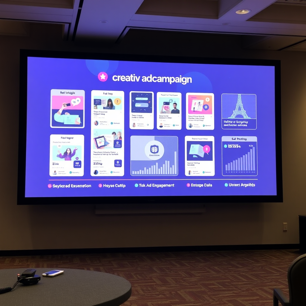Un proceso de diseño de campaña publicitaria creativa mostrado en una pantalla grande, resaltando múltiples formatos de anuncios con visualizaciones de datos que muestran las tasas de alcance y participación.