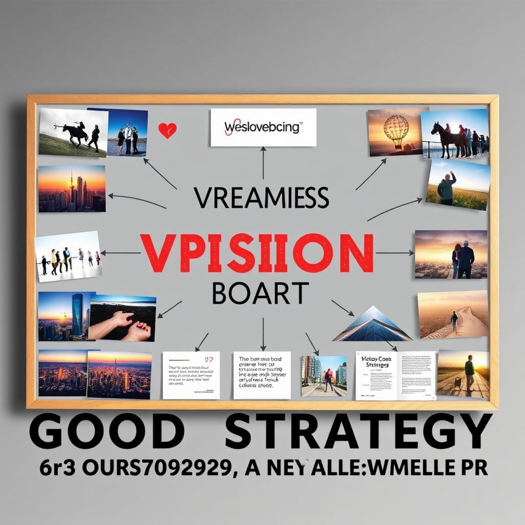Un diseño creativo de un tablero de visión con imágenes de sueños empresariales que se convierten en realidades tangibles, lo que significa el poder transformador de una buena estrategia y asociación.