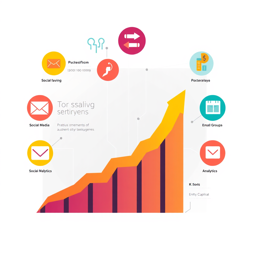Una infografía dinámica y colorida que muestra un gráfico de ventas ascendente, rodeado de íconos que representan varias herramientas de marketing digital, como redes sociales, campañas por correo electrónico y análisis, todo sobre un fondo elegante y contemporáneo.