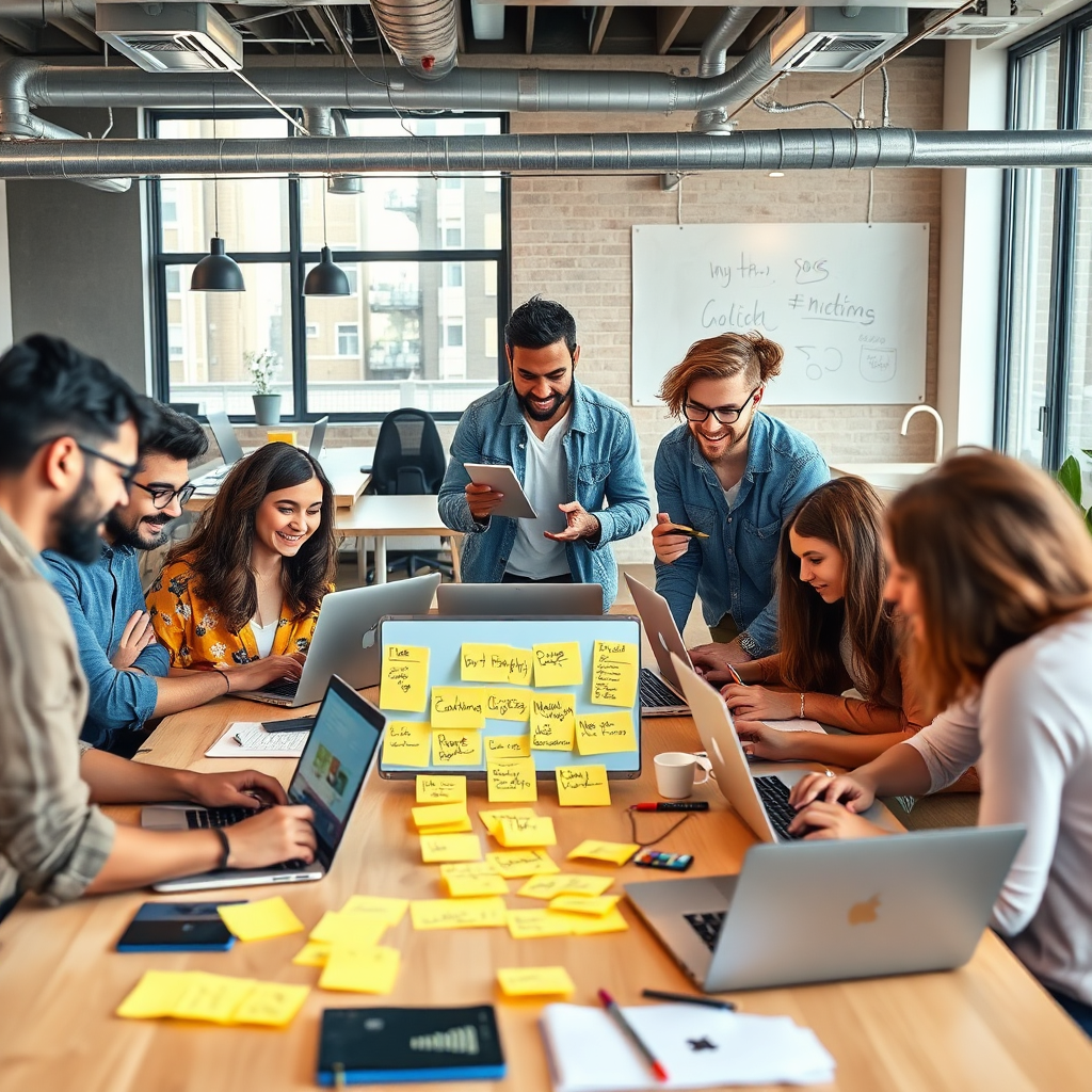 Una escena dinámica que muestra a un grupo diverso de emprendedores trabajando con portátiles en un moderno espacio de coworking. Incluye elementos como lluvias de ideas en notas adhesivas y dispositivos digitales que muestran la evolución de su marca.