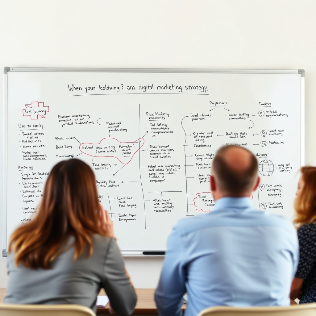 Una escena enfocada en una sesión de planificación estratégica donde se traza una estrategia de marketing digital en una pizarra, con gráficos y diagramas ilustrados que detallan los recorridos de los usuarios y las tácticas de participación.