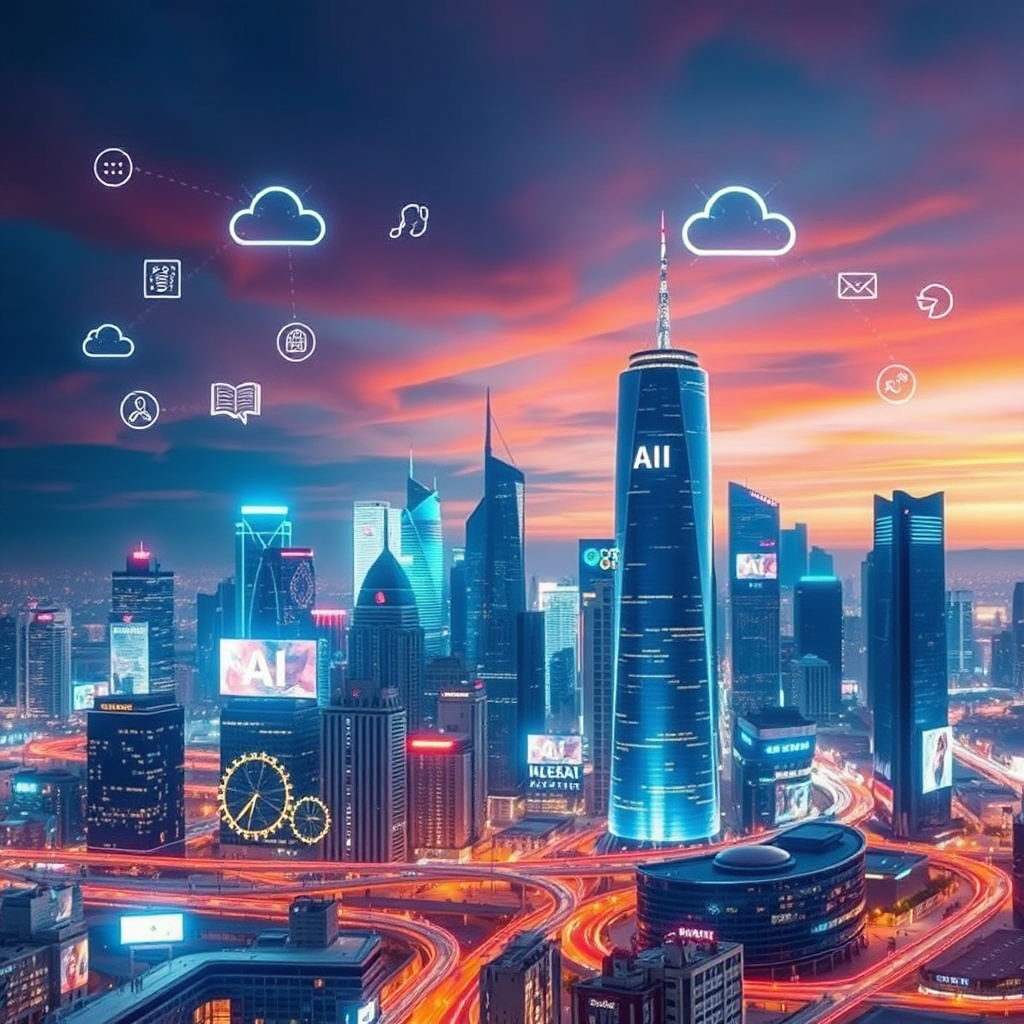 Un horizonte urbano futurista que refleja el concepto de transformación digital, mostrando tecnologías avanzadas como IA, íconos de computación en la nube y vallas publicitarias digitales, evocando una sensación de innovación y progreso.