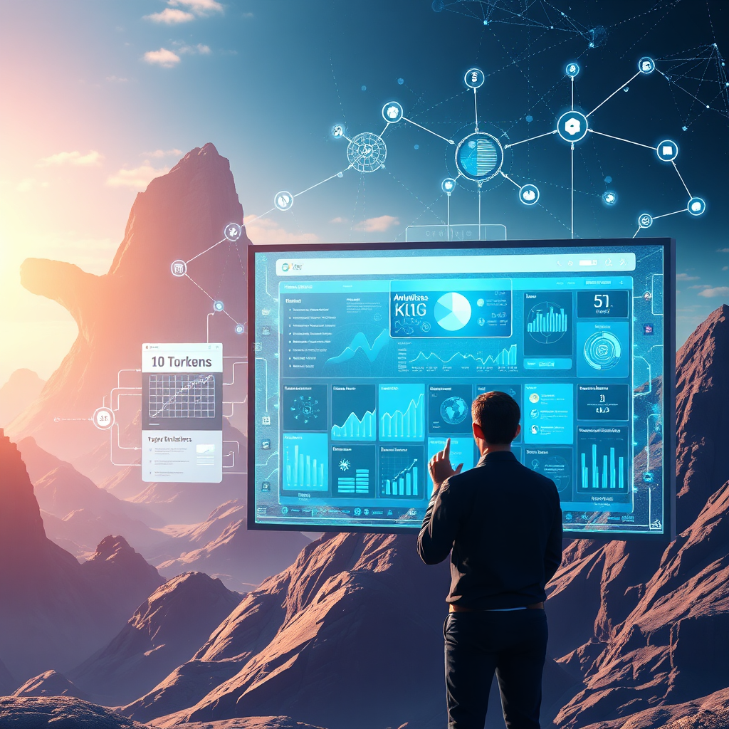 Una escena futurista que representa un paisaje digital con elementos de IA, como flujos de datos y visualizaciones holográficas de sitios web. Representa a una persona interactuando con una gran pantalla táctil que muestra diversos análisis de sitios web, con conexiones digitales ilustradas al fondo.