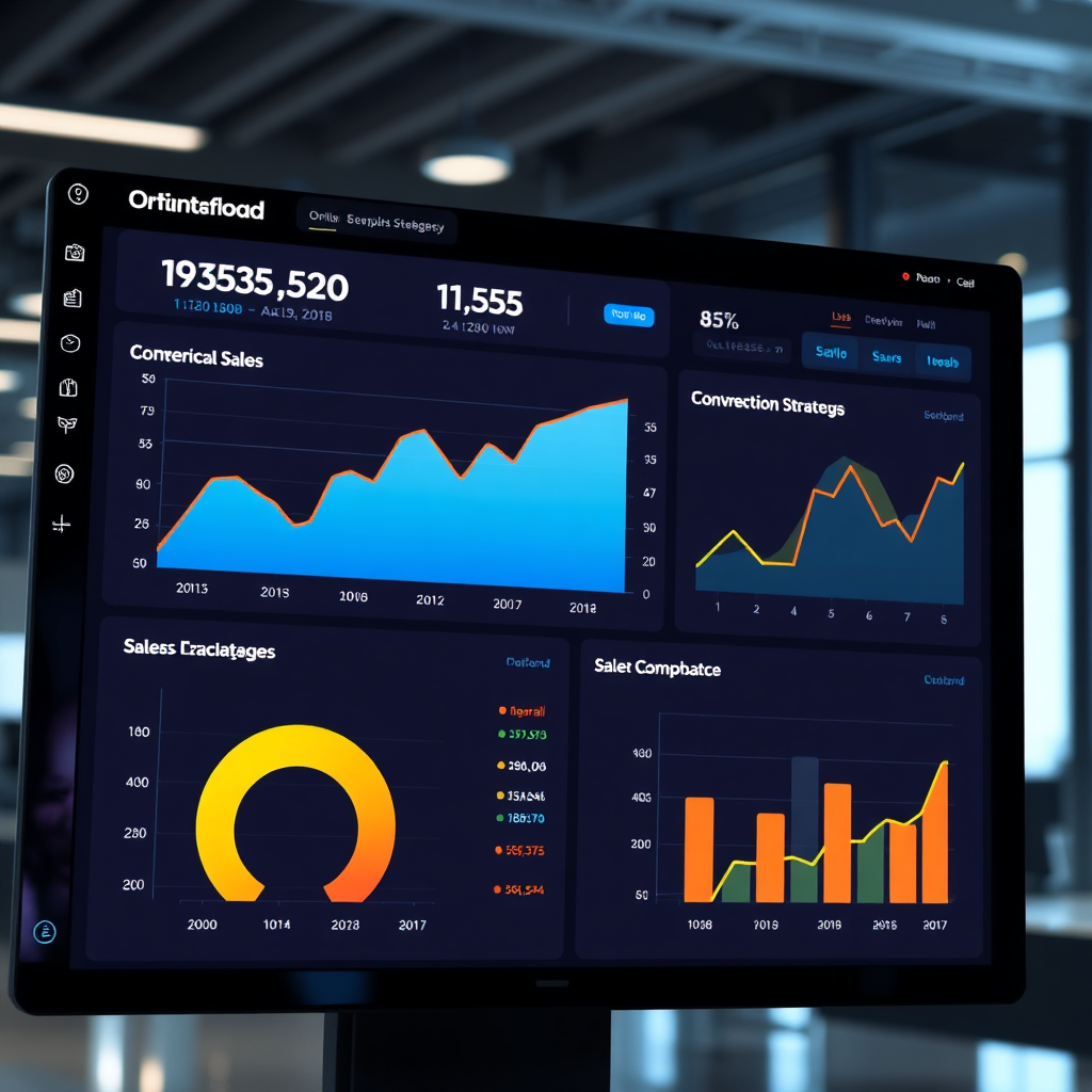Un tablero de alta tecnología que muestra métricas de ventas y tasas de conversión en tiempo real, con gráficos que indican mejoras basadas en estrategias de optimización, en un entorno empresarial moderno.