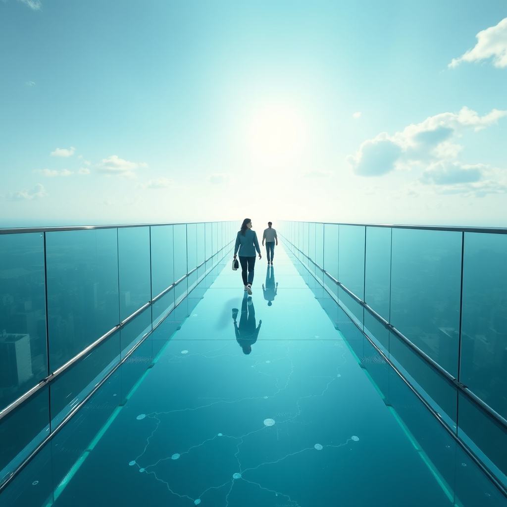 Una imagen metafórica que representa un camino de vidrio transparente, que simboliza la transparencia, con un equipo caminando con confianza hacia un futuro brillante en un contexto empresarial.