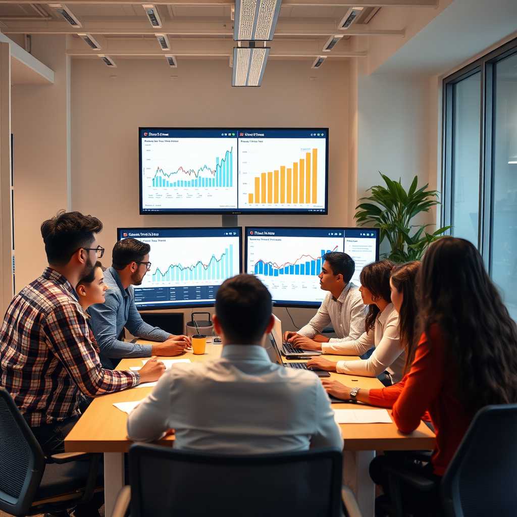 Un espacio de trabajo de oficina digital moderno, en el que diversas personas colaboran alrededor de pantallas digitales que muestran gráficos y datos de ventas, con una atmósfera cálida y acogedora que sugiere trabajo en equipo e innovación.
