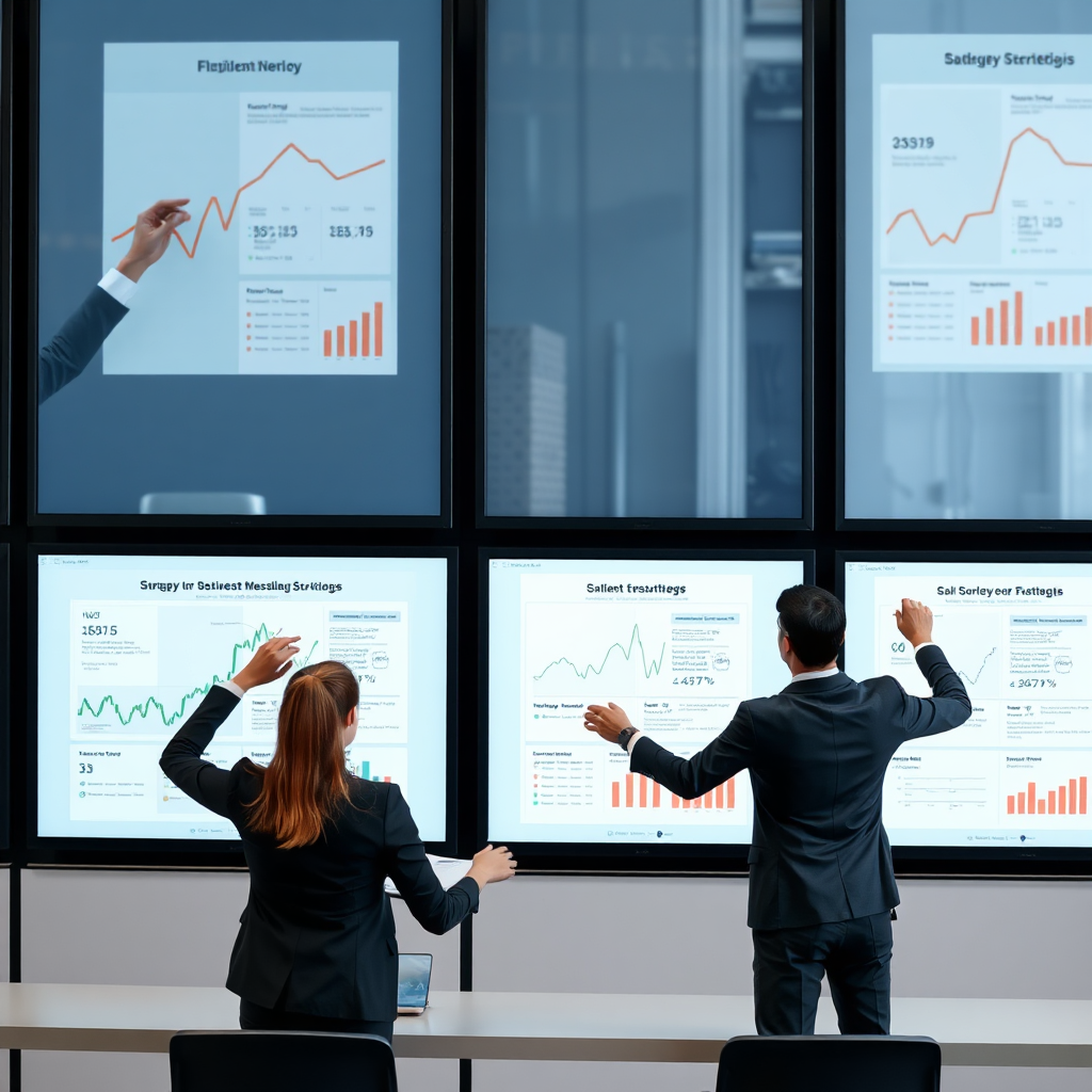 Un equipo empresarial ágil se muestra ajustando sus estrategias en pantallas digitales, lo que ilustra la flexibilidad y la adaptación en respuesta a los cambios del mercado.