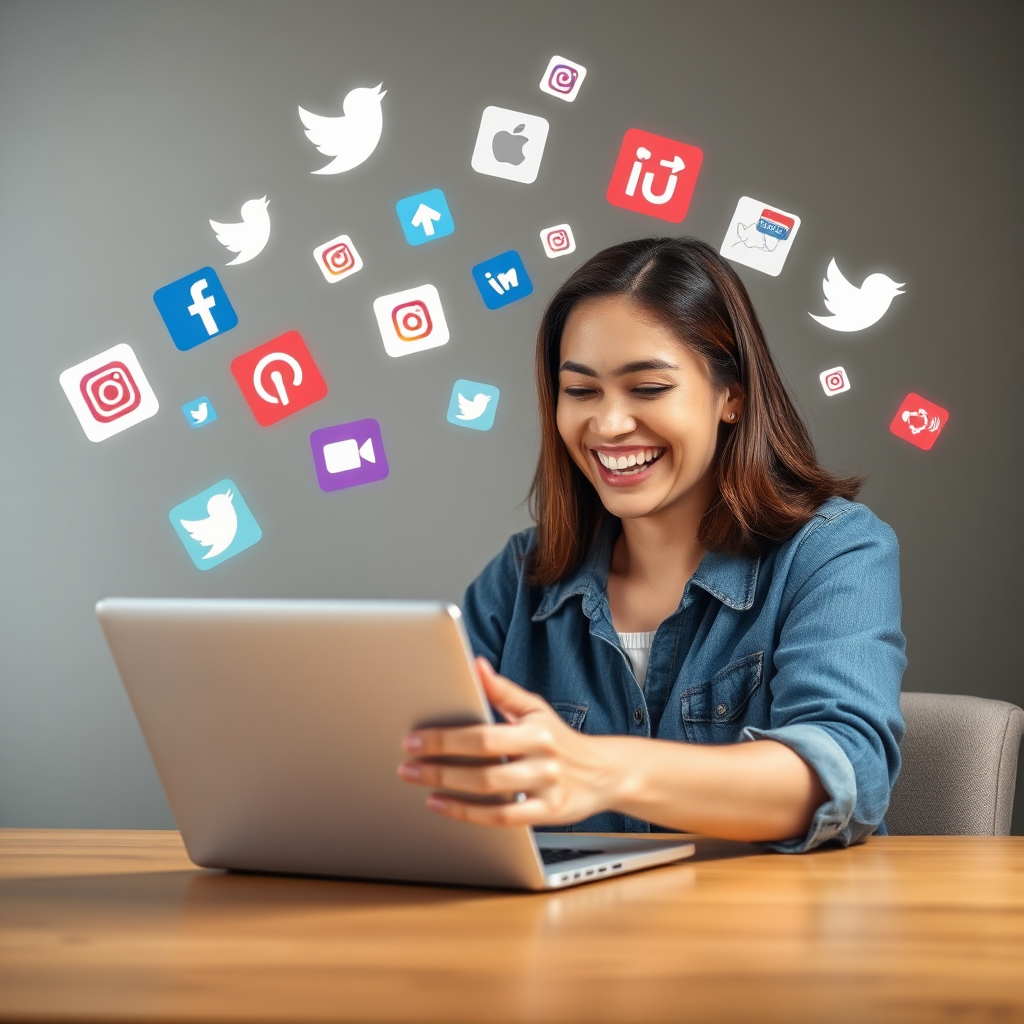 Una persona envía un mensaje con alegría desde una computadora portátil, rodeada de íconos de redes sociales y herramientas de comunicación. El entorno debe evocar un sentido de comunidad y conectividad en la era digital.