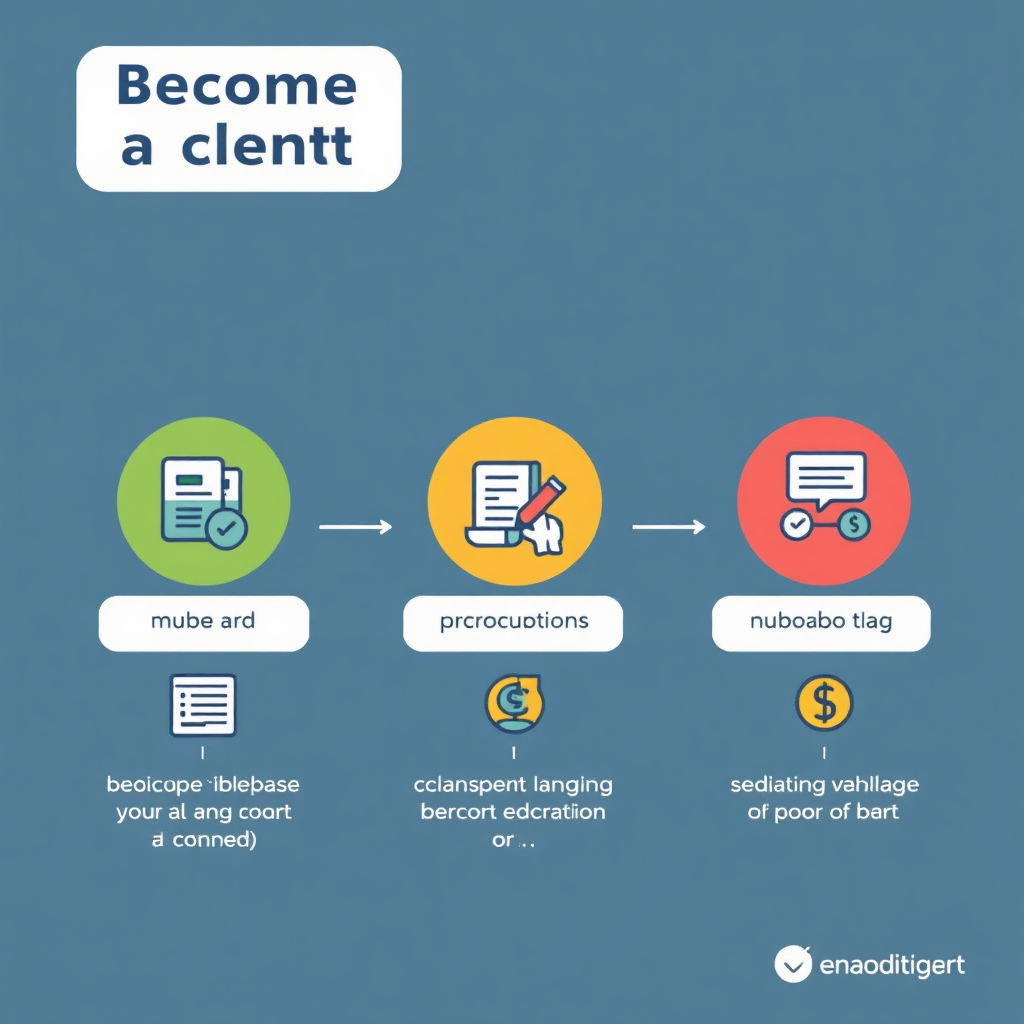 Una guía visual paso a paso que muestra el sencillo proceso de convertirse en cliente, con íconos amigables e imágenes claras que simplifican el proceso de incorporación, asegurando un comienzo sin problemas.