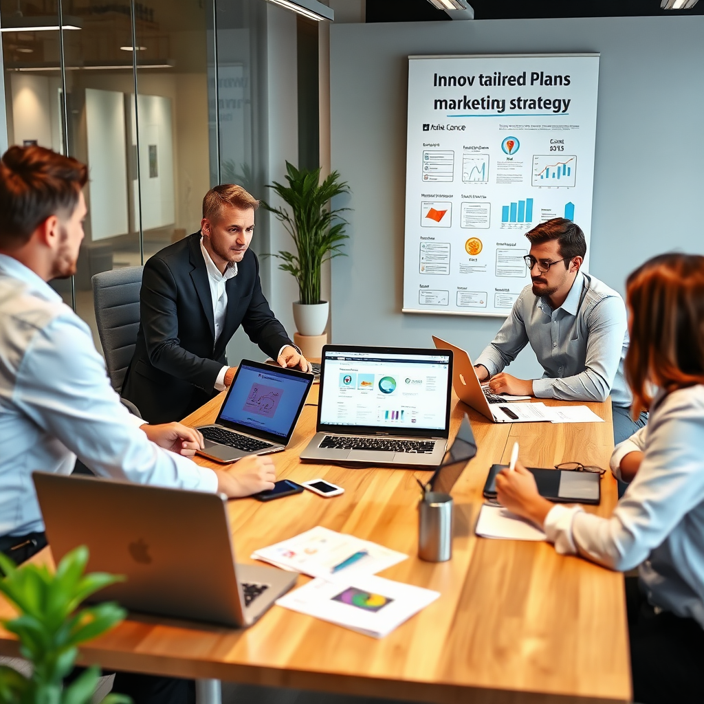 Una escena de reunión vibrante, donde los consultores discuten planos personalizados con un cliente en una mesa moderna llena de computadoras portátiles y se muestran estrategias de marketing innovadoras.