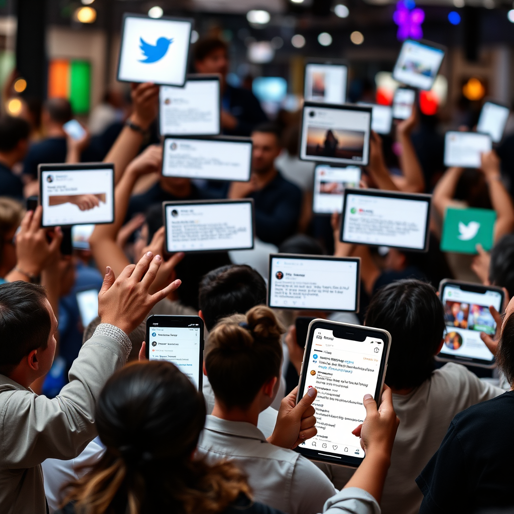 Un entorno de redes sociales vibrante con diversas plataformas representadas, que presenta publicaciones atractivas e interacciones entre marcas y clientes, lo que refleja el compromiso de la comunidad.