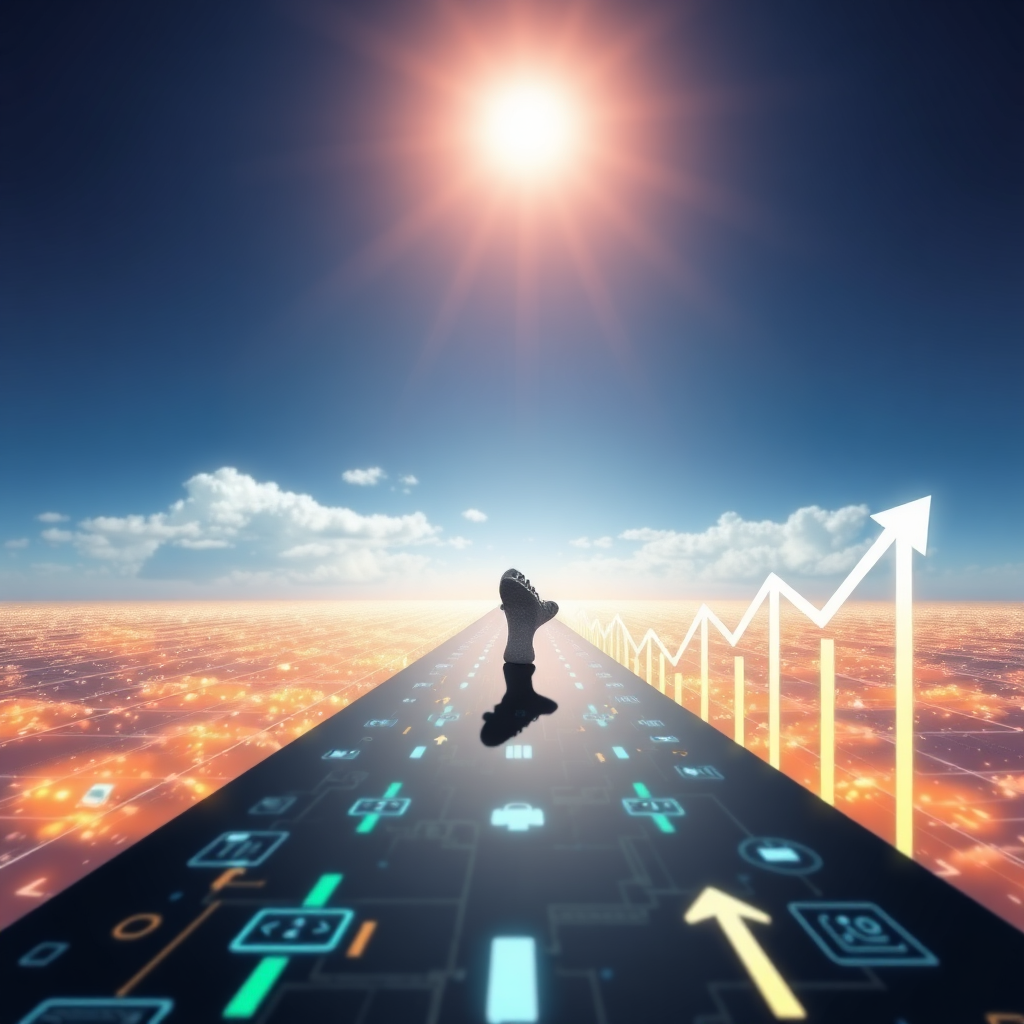 Un concepto visual de un pie que avanza por un camino digital que conduce hacia un horizonte brillante lleno de posibilidades y éxito. El camino debe estar alineado con símbolos tecnológicos y flechas de crecimiento.
