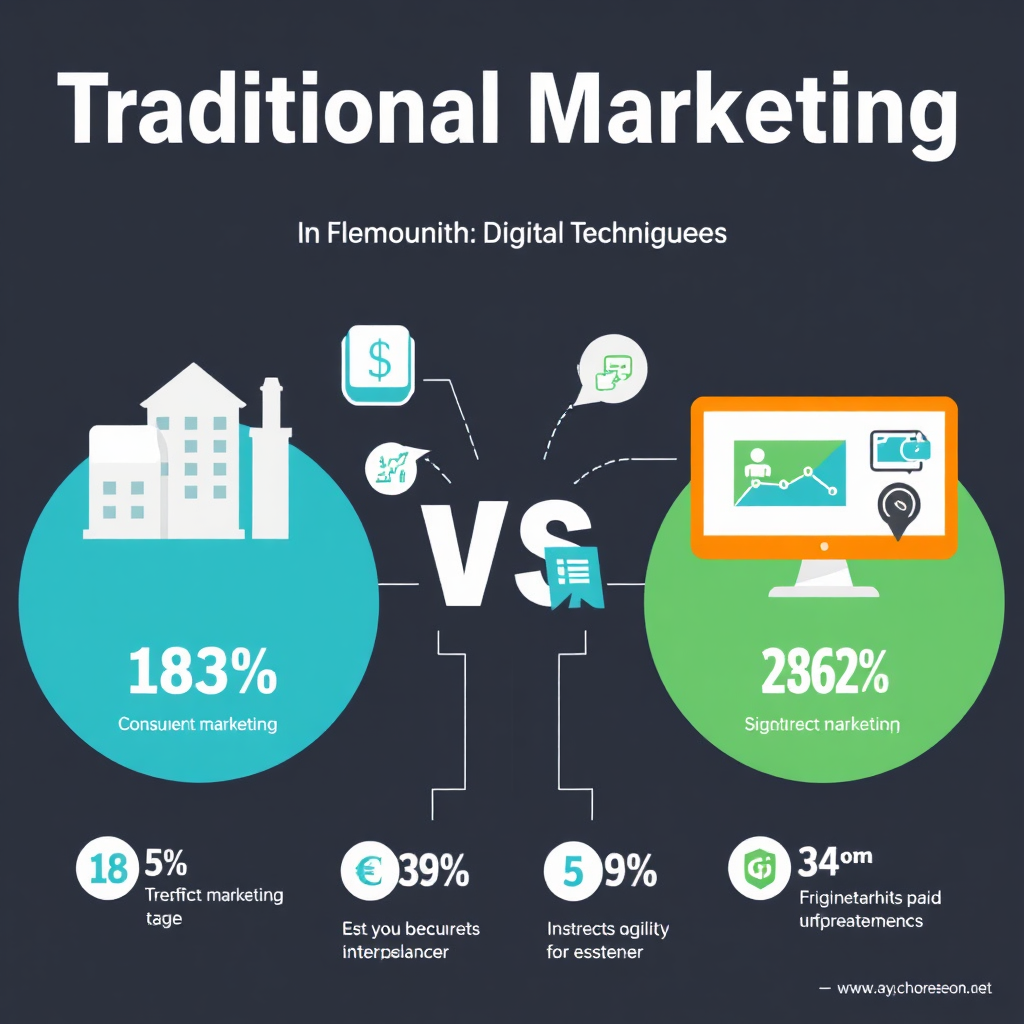 Una infografía que contrasta las estrategias de marketing tradicionales con las técnicas digitales modernas, incorporando estadísticas e iconos que representan diferentes patrones de comportamiento del consumidor. El fondo debe tener un diseño elegante para transmitir profesionalismo.