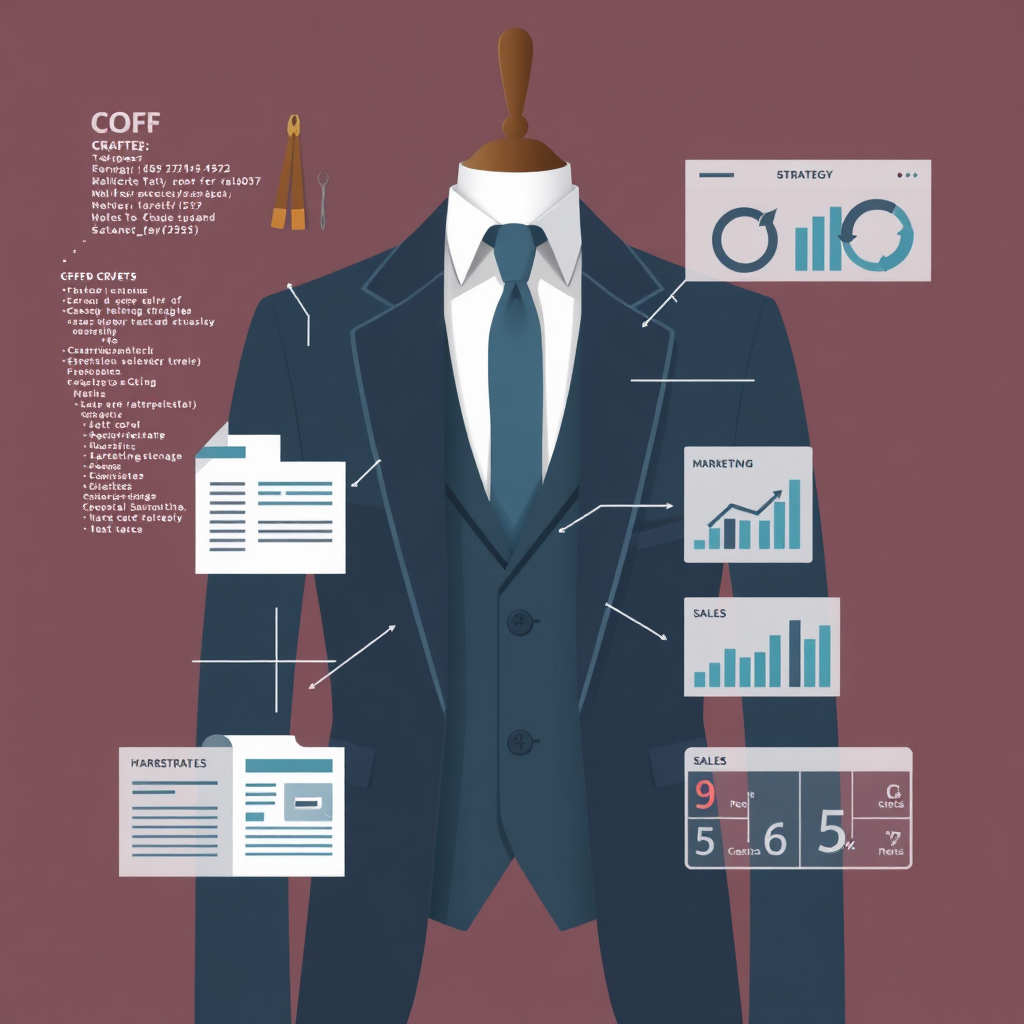 Una representación visual de la confección de un traje a medida, con elementos digitales como código, documentos de estrategia de marketing y gráficos de ventas, que combinan la artesanía tradicional con la tecnología moderna.