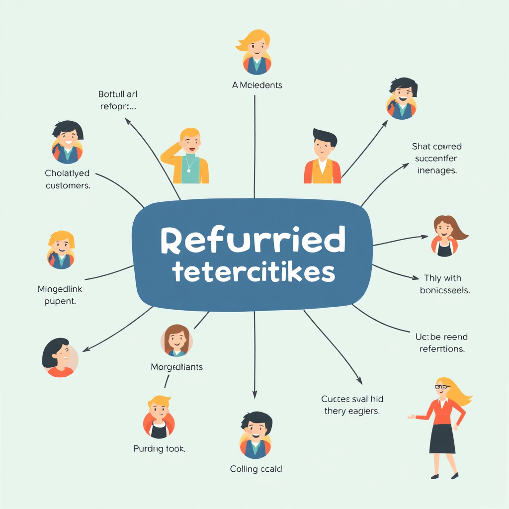 Una representación visual de clientes que recomiendan a otros, ilustrada por una red de referencias donde los clientes satisfechos están alegres y comparten sus éxitos con amigos y colegas.