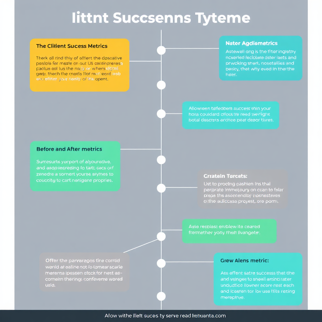 Una línea de tiempo visual de varias historias de éxito de clientes, incluidas métricas de antes y después y logros clave, mostradas de forma atractiva con un estilo narrativo creativo.
