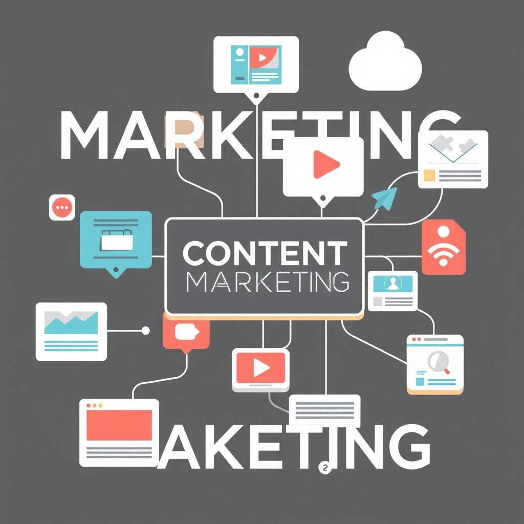 Una representación artística de contenido atractivo en varios formatos (blogs, videos y publicaciones en redes sociales) vinculadas entre sí en una pantalla digital, que ilustra el concepto de marketing de contenidos.