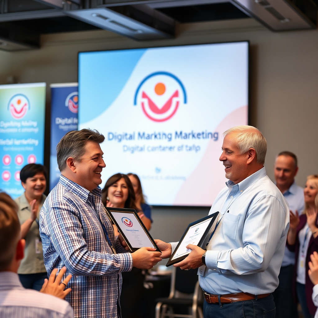 Una imagen atractiva de un pequeño empresario recibiendo un premio en un evento local, con la comunidad aplaudiendo. El fondo debe incluir carteles con el logotipo de la empresa y un tema de marketing digital.
