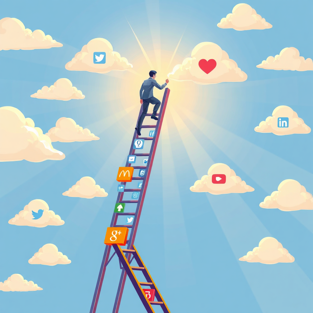 Ilustración de una persona subiendo una escalera hecha con iconos digitales, que simboliza el crecimiento en el ámbito del marketing digital. La escalera se sitúa sobre un cielo azul salpicado de nubes con forma de logotipos populares de redes sociales, con rayos de luz que iluminan el ascenso.