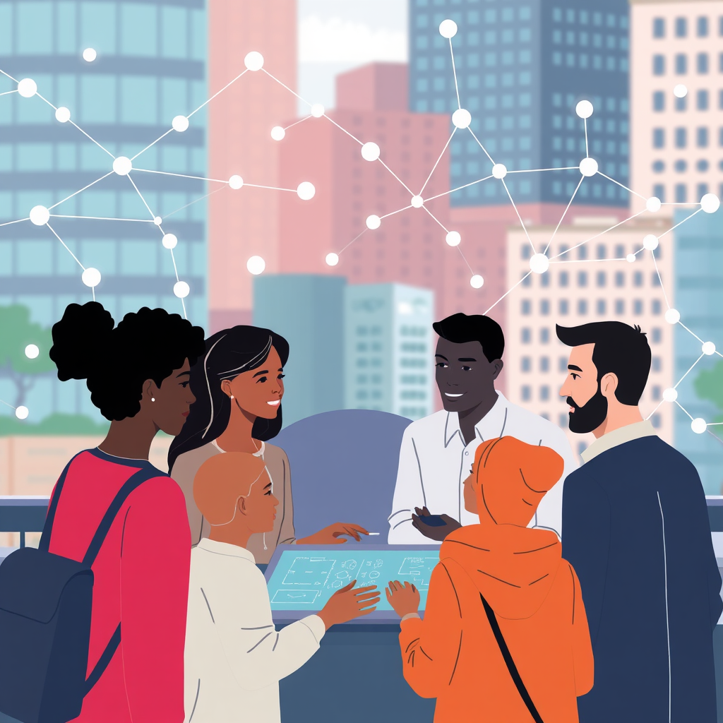Una ilustración de diversas personas conversando a través de una interfaz digital, rodeada de líneas de conexión flotantes que simbolizan la creación de redes y la comunicación, con un telón de fondo urbano vibrante.