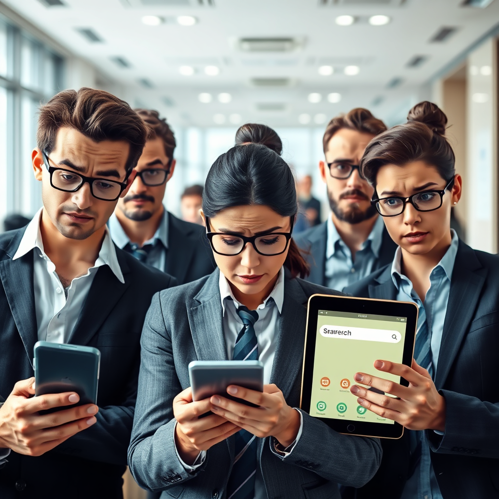 Una imagen que muestra a varios empresarios con aspecto preocupado, rodeados de dispositivos tecnológicos, como teléfonos inteligentes y tabletas con pantallas de búsqueda. El entorno debe reflejar una oficina concurrida, resaltando el panorama empresarial moderno.