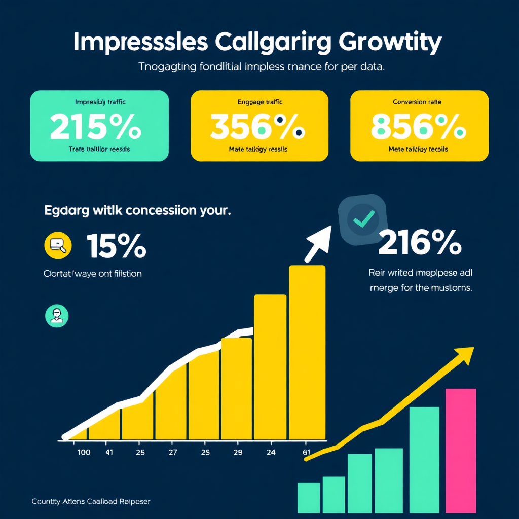 Una imagen de estilo infográfico que muestra impresionantes estadísticas de crecimiento en diversas métricas, como el tráfico, la interacción y las tasas de conversión. Utilice colores vibrantes e iconos atractivos para representar visualmente los datos.