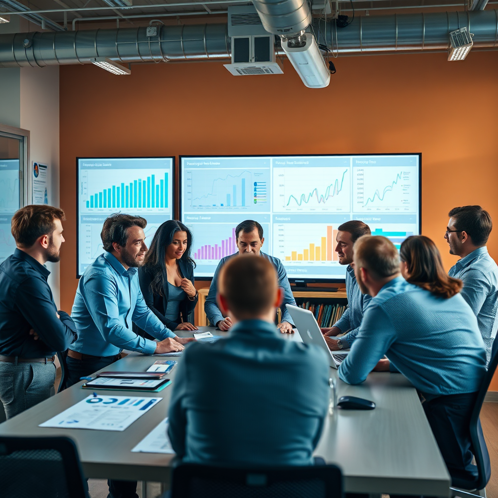 Una imagen inspiradora de un grupo de expertos en marketing en acción, discutiendo estrategias en una sala de reuniones llena de energía y llena de gráficos y datos de rendimiento en exhibición.