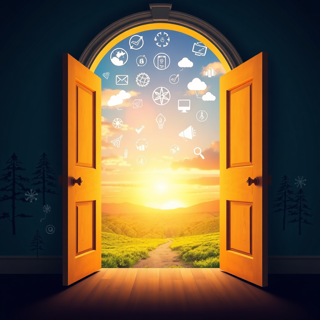 Una puerta abierta que conduce a un paisaje vibrante lleno de oportunidades representadas por varios íconos de marketing digital y símbolos de éxito, que combinan magníficamente la naturaleza y la tecnología.