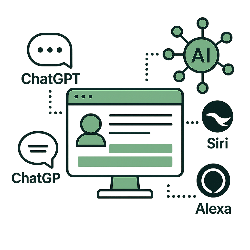 Una escena futurista que representa un paisaje digital con elementos de IA, como flujos de datos y visualizaciones holográficas de sitios web. Representa a una persona interactuando con una gran pantalla táctil que muestra diversos análisis de sitios web, con conexiones digitales ilustradas al fondo.
