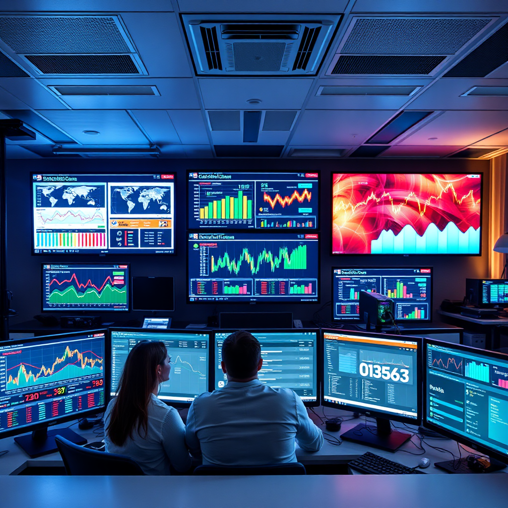 Create a tech-savvy office environment with multiple screens displaying real-time data feeds. Each screen should have dynamic, colorful graphs and statistics, giving a busy yet organized atmosphere. The lighting should reflect the screens' glow, creating a modern office vibe. Focus on the interaction between users and screens, showing them engaged in analysis. Use a wide-angle view to capture the entire setup.