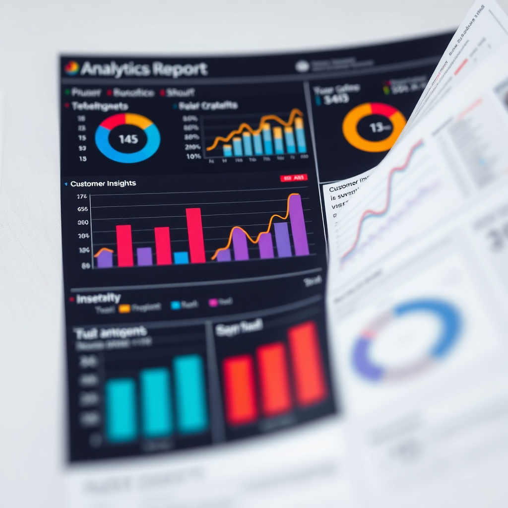 Create a visually engaging image of a digital analytics report, showing a blend of charts, graphs, and customer insights. Utilize bold colors and sharp lines to highlight key metrics, making the data pop. The background should be subtle and abstract, allowing the report itself to stand out. A close-up view should create a sense of intimacy with the data, inviting viewers to explore it.