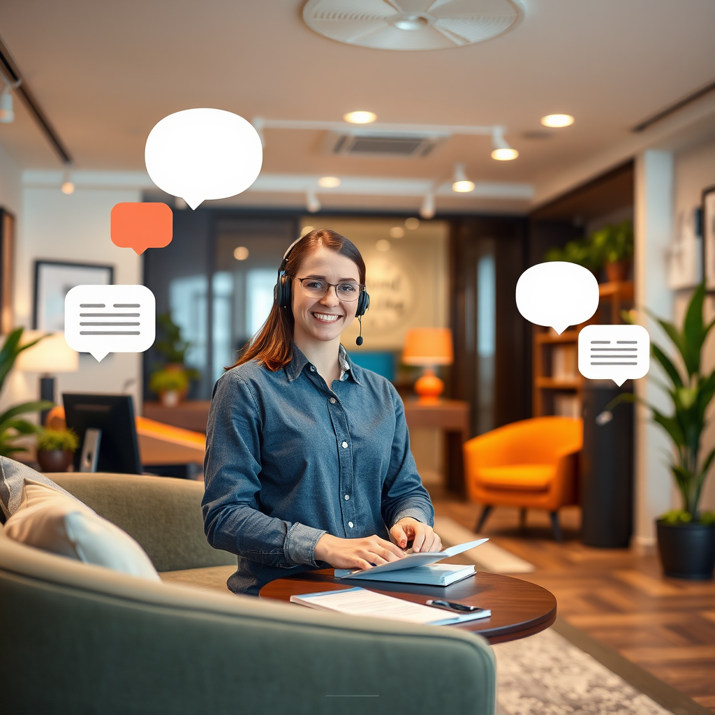 Create a welcoming customer service space with a friendly representative ready to assist. The environment should feel approachable and supportive, with soft lighting and inviting furniture. Include elements that reflect communication, like speech bubbles and contact forms, to emphasize support and accessibility. A medium-angle shot can capture the interaction dynamics effectively.