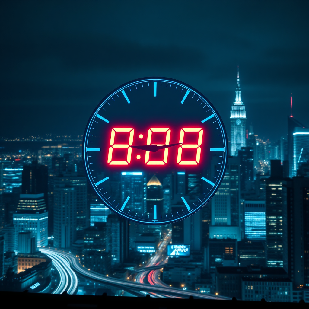 Create an image showing a clock with the digital numbers glowing brightly, set against a backdrop of an urban skyline at night. The scene should depict the city illuminated with night lights, representing activity and continuous operation. The clock should have a futuristic, digital look, reflecting modern technology. The overall atmosphere should convey a sense of dynamic hustle. Use a cool nighttime palette with bright digital elements.