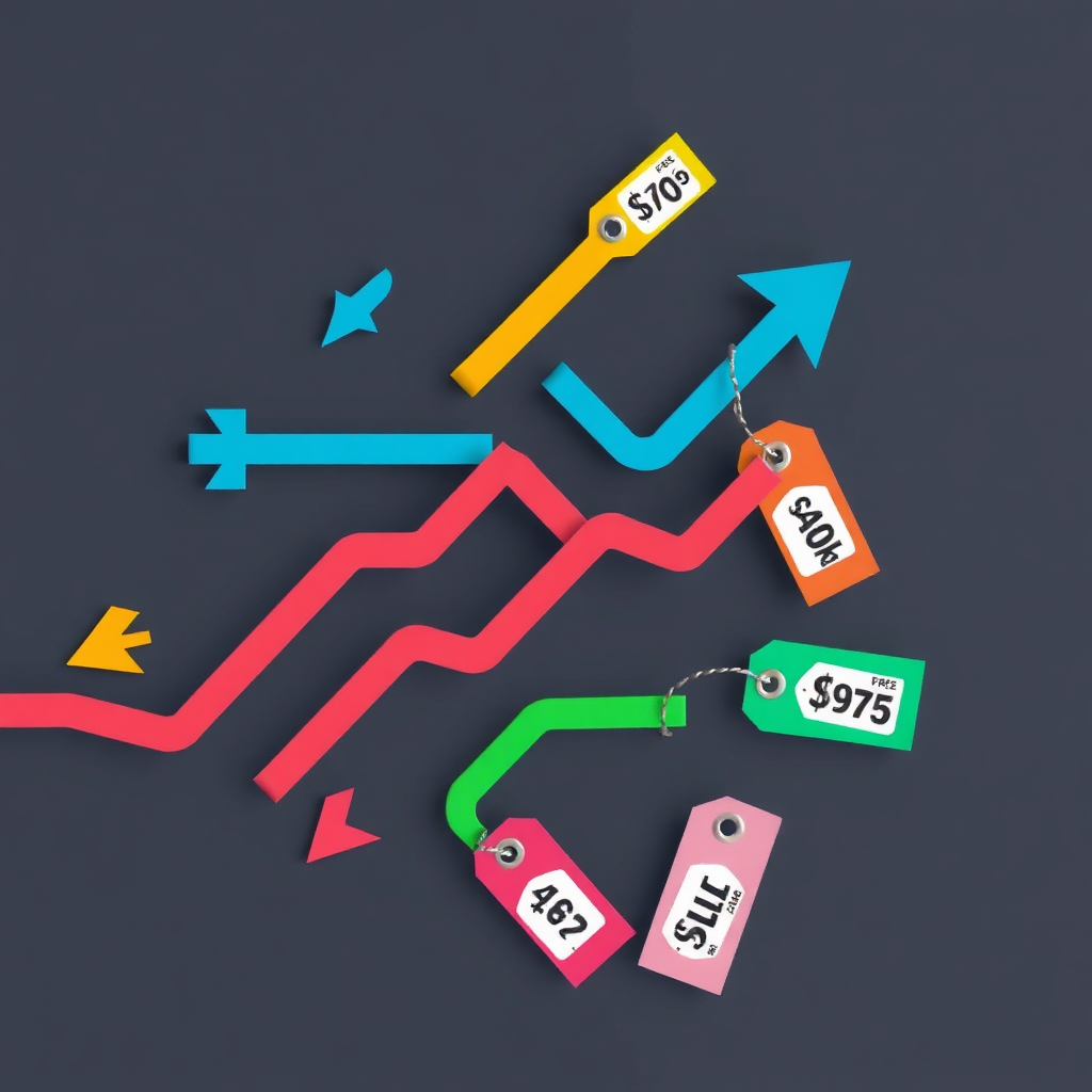 Depict an abstract representation of pricing strategy, utilizing arrows and price tags in various colors. The arrows should symbolize movement and strategy flow, while the price tags can have mock prices to suggest variability. The background should be minimalistic to enhance focus on the pricing elements, with bright colors to symbolize adaptability and innovation. A birds-eye view could add an interesting perspective.