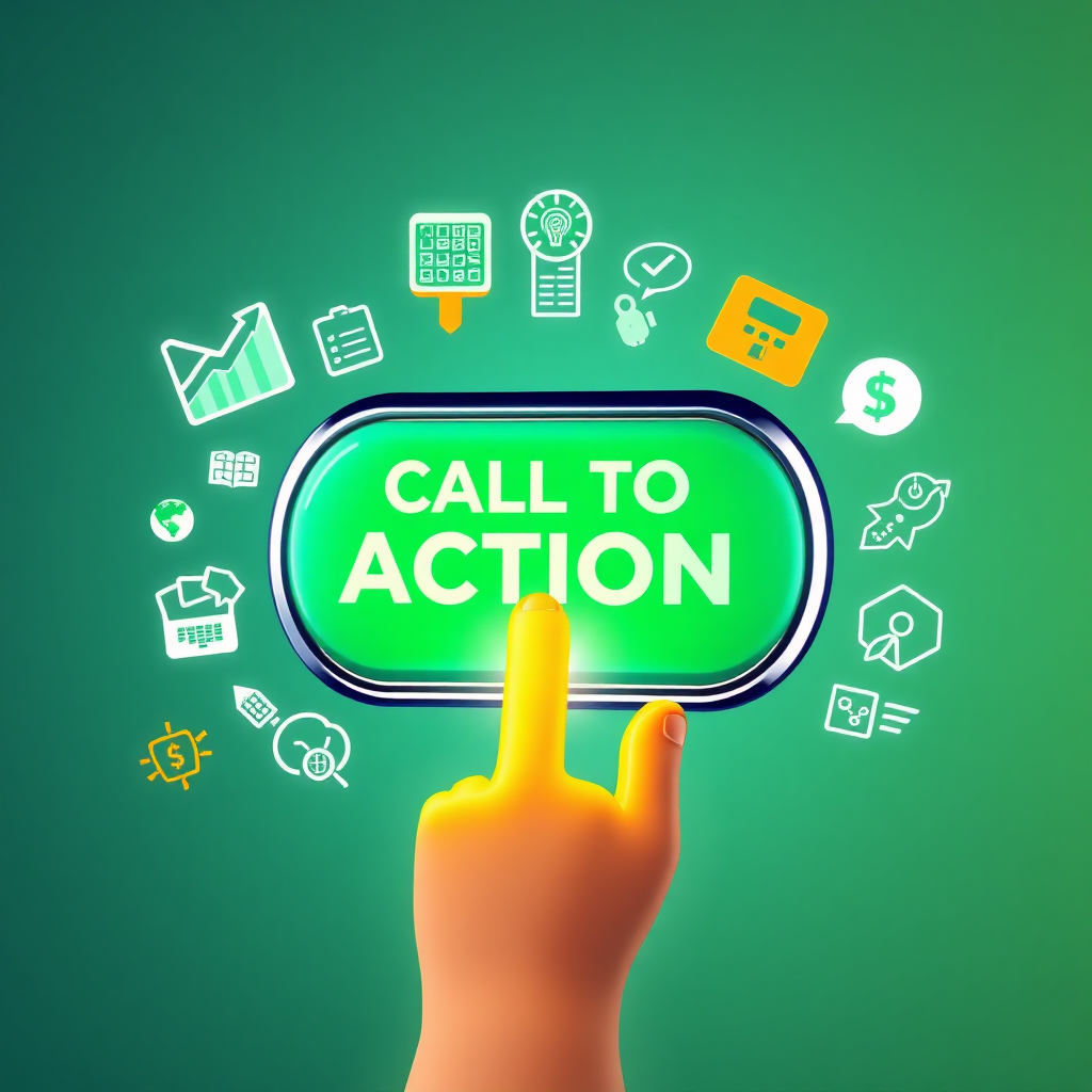 Envision a large digital button glowing invitingly, symbolizing the call to action. Surround it with icons representing sales growth and technological advancement. The color palette should include bright call-to-action colors like green and orange, which evoke enthusiasm. The background can fade into a subtle pattern that adds depth while keeping focus on the button. Use a three-dimensional perspective to evoke a 'press me' sensation.