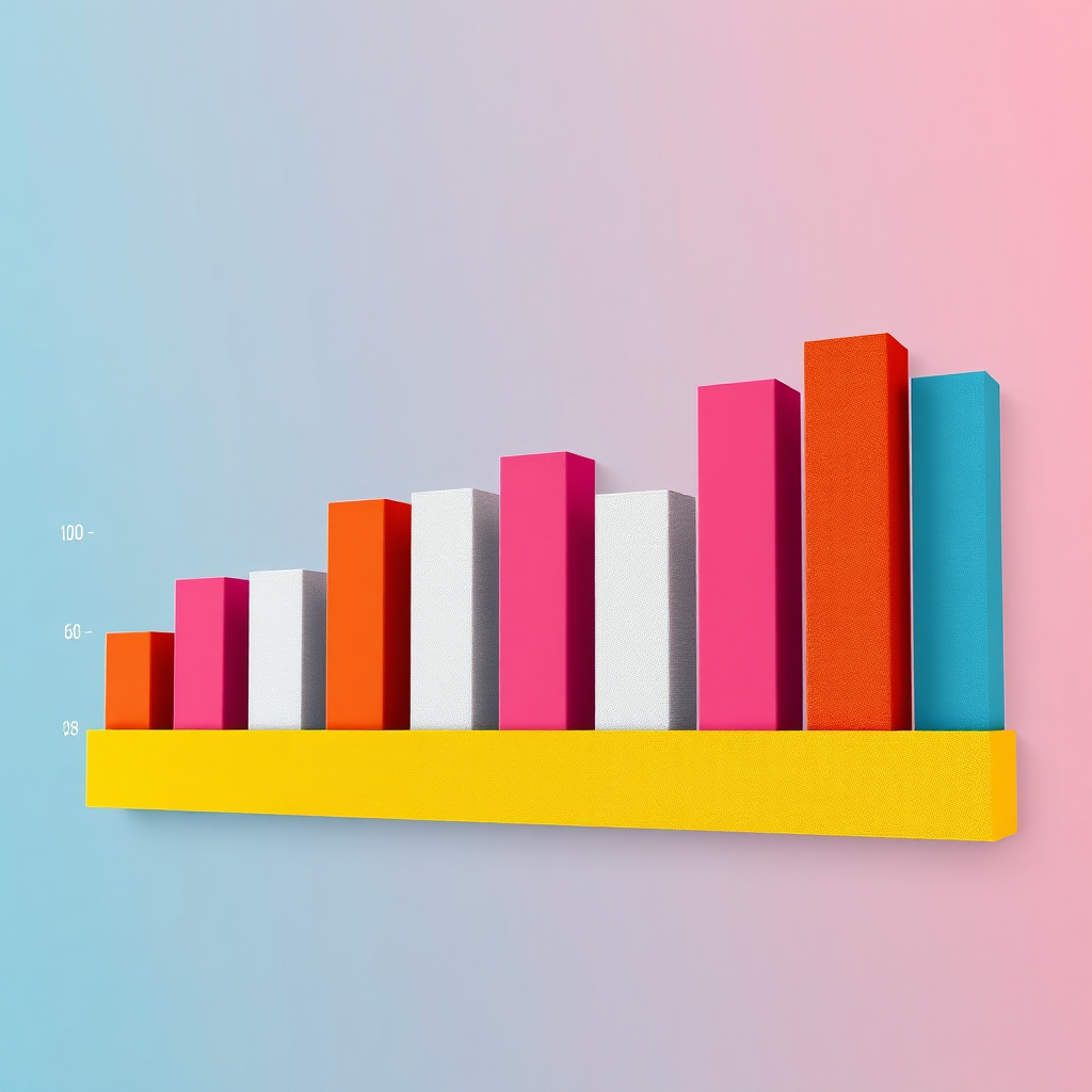Envision a stylized bar chart representing customer segments with varying colors and textures. The background should be a smooth gradient to keep the focus on the chart. Data points can be represented with geometric shapes for a modern feel, and subtle shadows should add depth. The overall design should evoke a sense of clarity and precision, engaging the viewer. The camera angle should be slightly elevated, capturing the full scope of the chart.
