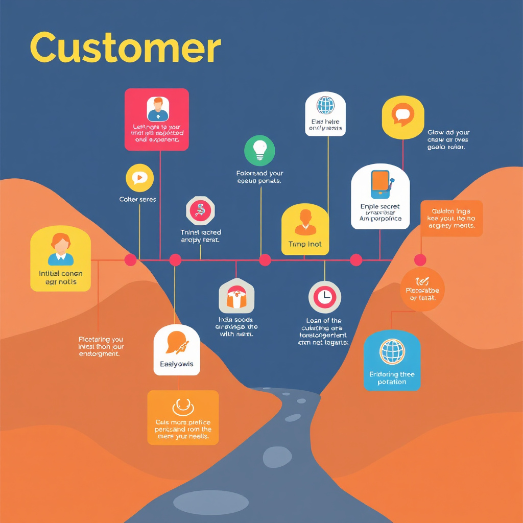 Illustrate a customer journey map with various touchpoints marked by vibrant icons and connecting lines. The design should be colorful and lively, embodying the journey experience from initial contact to final purchase. The background can include muted earth tones to keep attention on the journey elements. Use an engaging perspective that invites viewers to 'walk through' the journey.