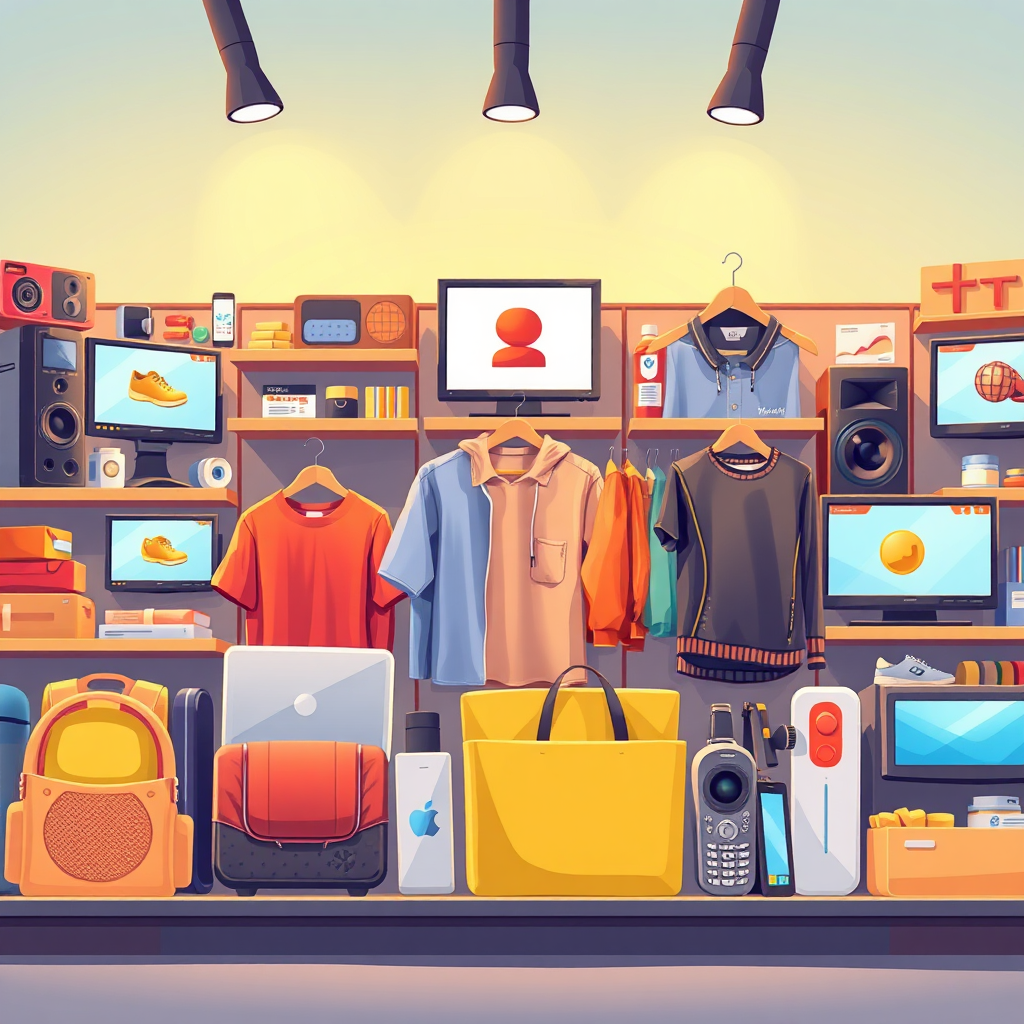 Illustrate a diversified product display featuring a mix of physical goods like electronics, clothing, and digital services represented on screens. The composition should be vibrant and colorful, with focus lighting on each product type. The background can have a subtle gradient to enhance depth, and various product textures should be visible to emphasize quality. The view should be slightly angled, creating a 3D effect, making the products pop.